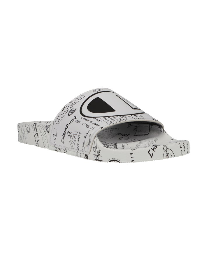 Champion Mens Slides NZ - Ipo Doodle White/Black ( 6423-GZNCY )